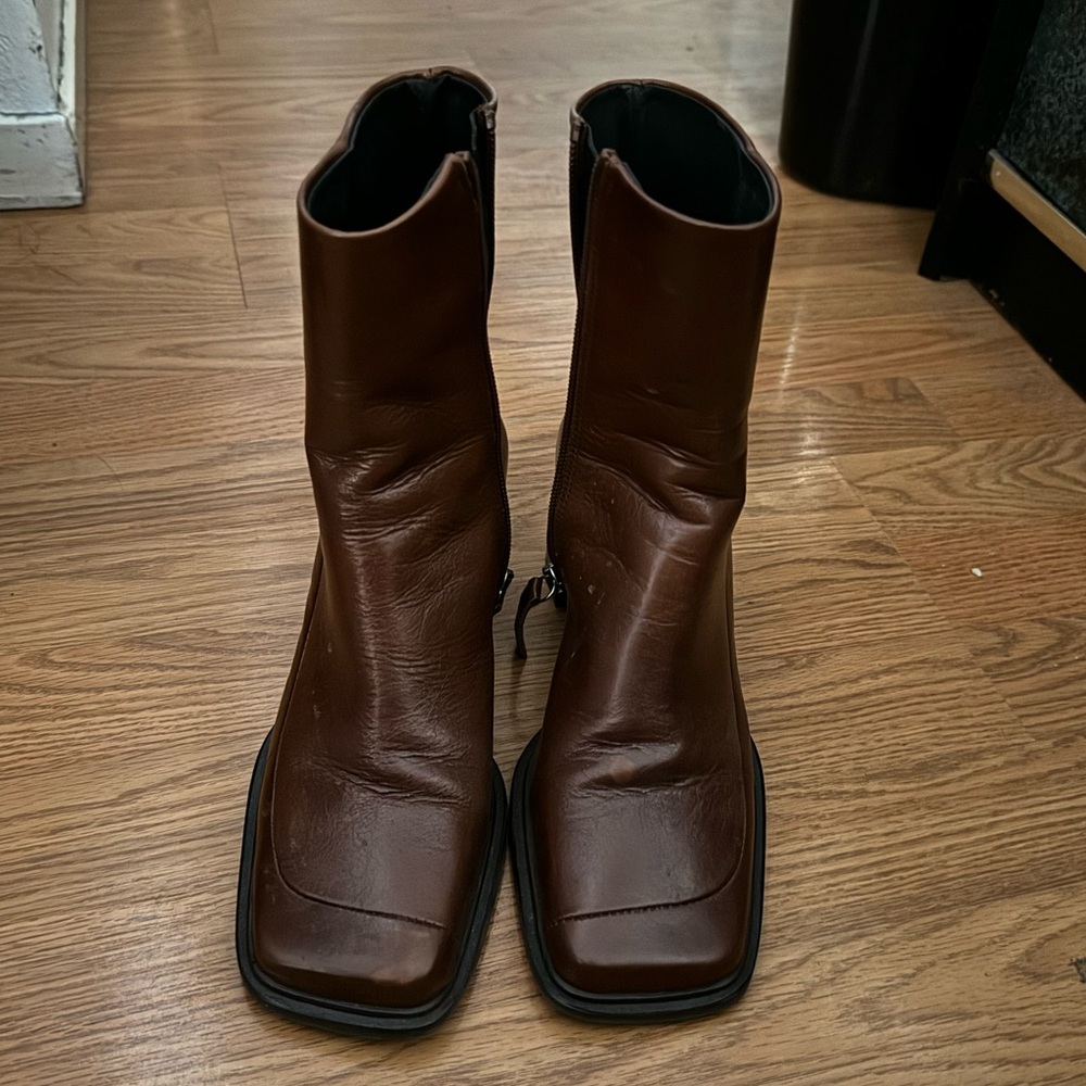 Brown Square Toe Leather Boots